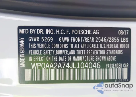 2018 Porsche Panamera 4 from USA, damaged, VIN WP0AA2A74JL104046